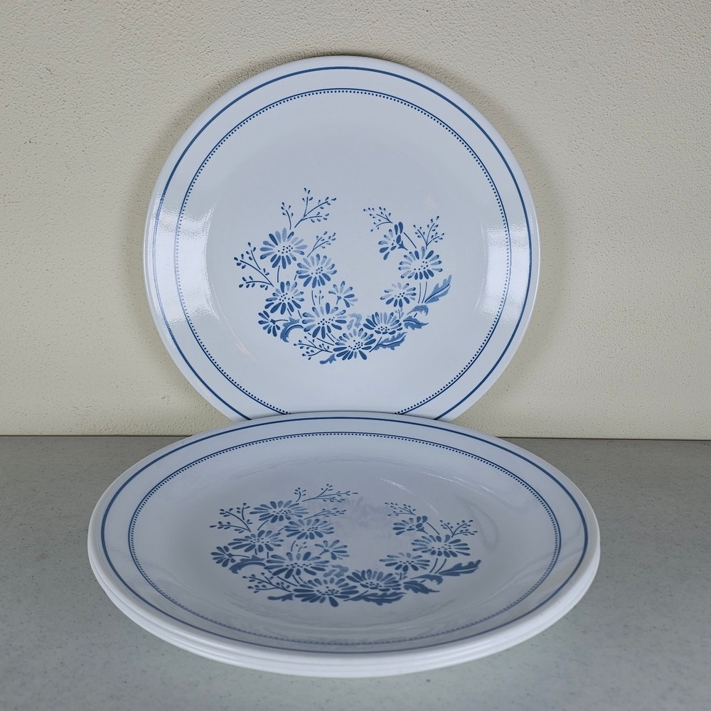 4 Corelle Colonial Mist 10 1/4" Dinner Plates White with Blue Design USA!
